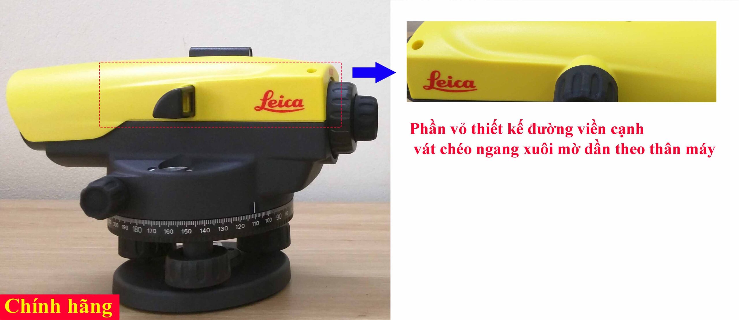 Đặc điểm nhận dạng máy thủy bình Leica chính hãng và máy thủy bình Leica hàng giả, nhái thương hiệu 33 cạnh đường viền ngang máy thủy bình leica chính hãng