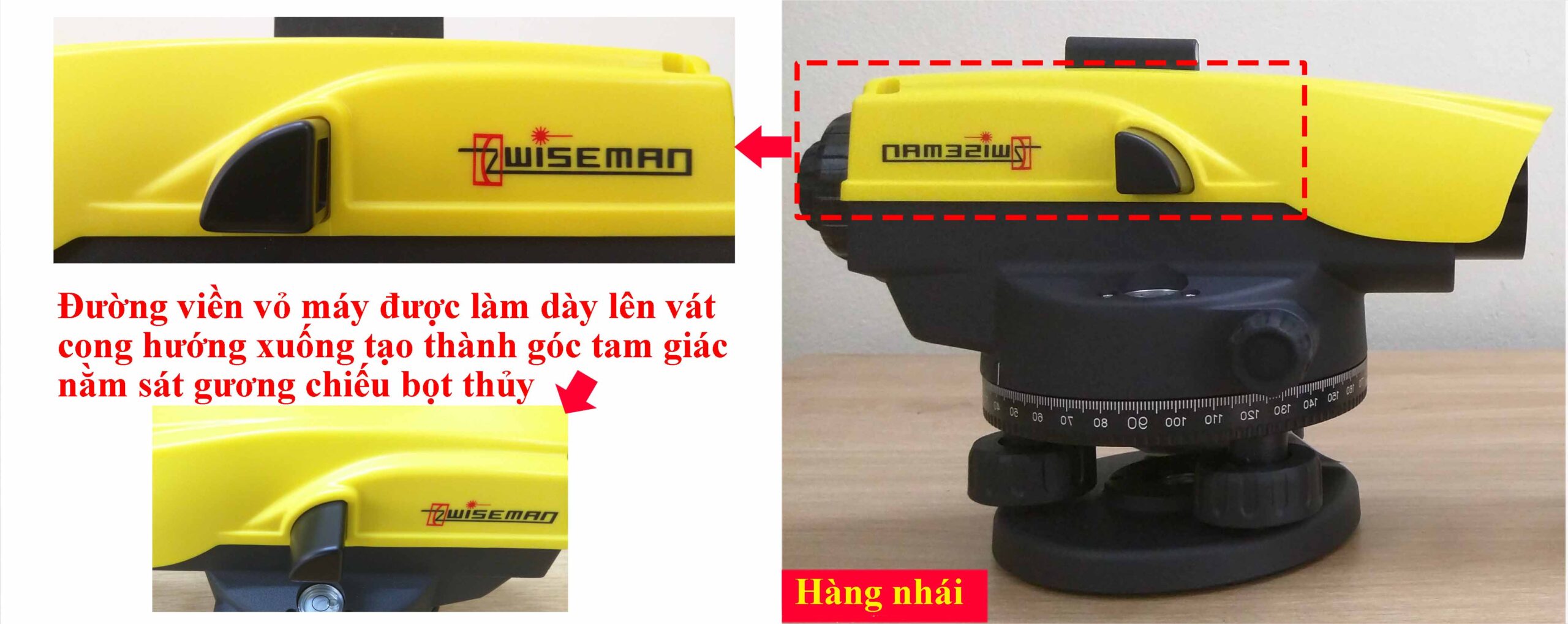 Đặc điểm nhận dạng máy thủy bình Leica chính hãng và máy thủy bình Leica hàng giả, nhái thương hiệu 34 cạnh đường viền ngang máy thủy bình leica hàng nhái giả