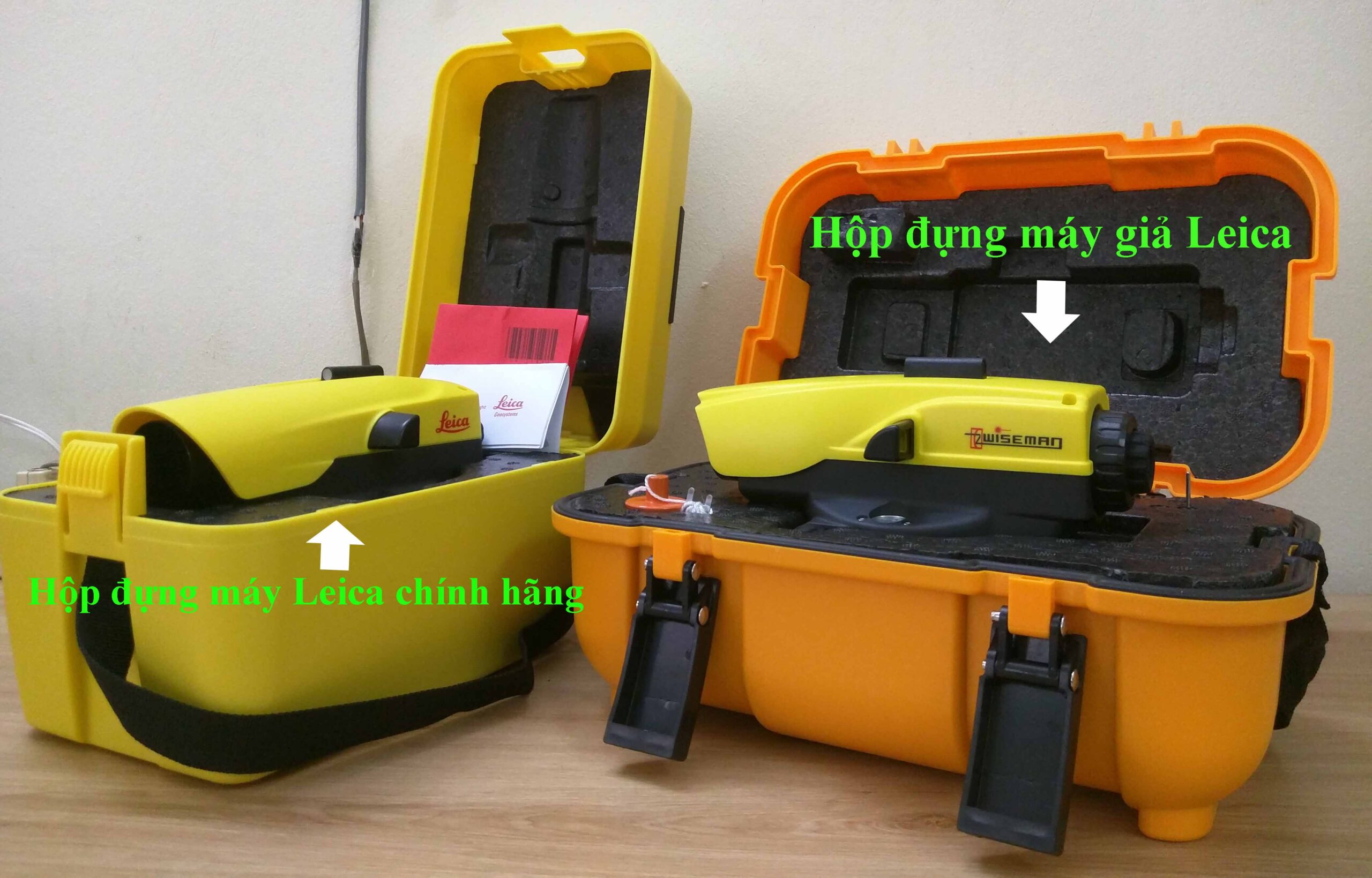 Đặc điểm nhận dạng máy thủy bình Leica chính hãng và máy thủy bình Leica hàng giả, nhái thương hiệu 30 hộp đựng máy thủy bình leica chính hãng và giả