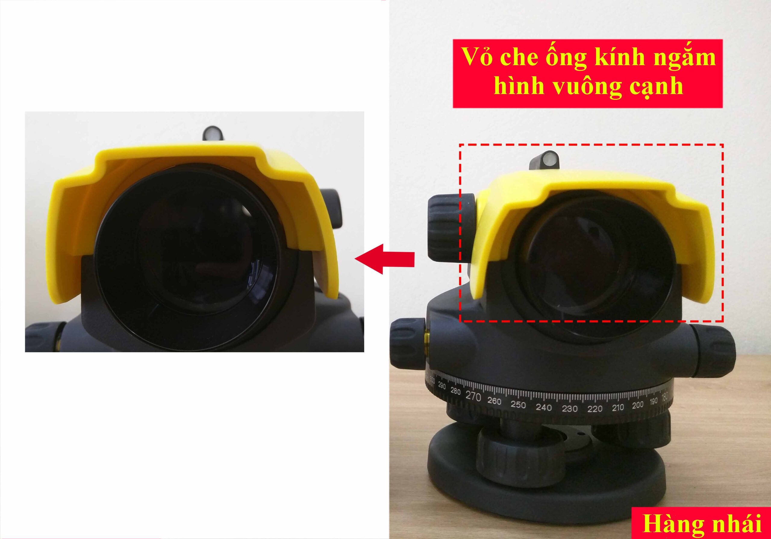 Đặc điểm nhận dạng máy thủy bình Leica chính hãng và máy thủy bình Leica hàng giả, nhái thương hiệu 32 lớp vỏ che ống kính ngắm leica hàng giả nhái