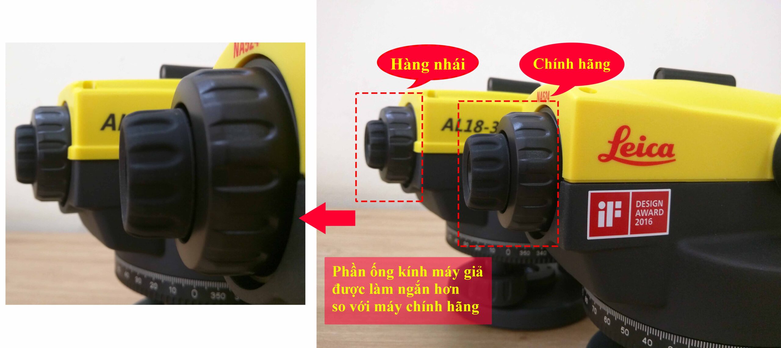 Đặc điểm nhận dạng máy thủy bình Leica chính hãng và máy thủy bình Leica hàng giả, nhái thương hiệu 38 ống kính ngắm máy thủy bình chính hãng và hàng nhái giả