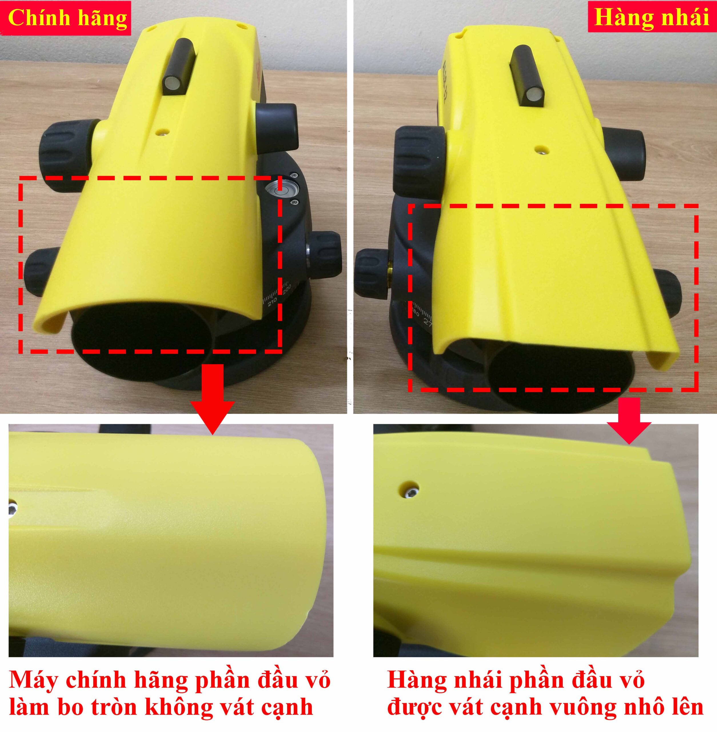 Đặc điểm nhận dạng máy thủy bình Leica chính hãng và máy thủy bình Leica hàng giả, nhái thương hiệu 37 phần đầu vỏ máy thủy bình chính hãng và hàng nhái