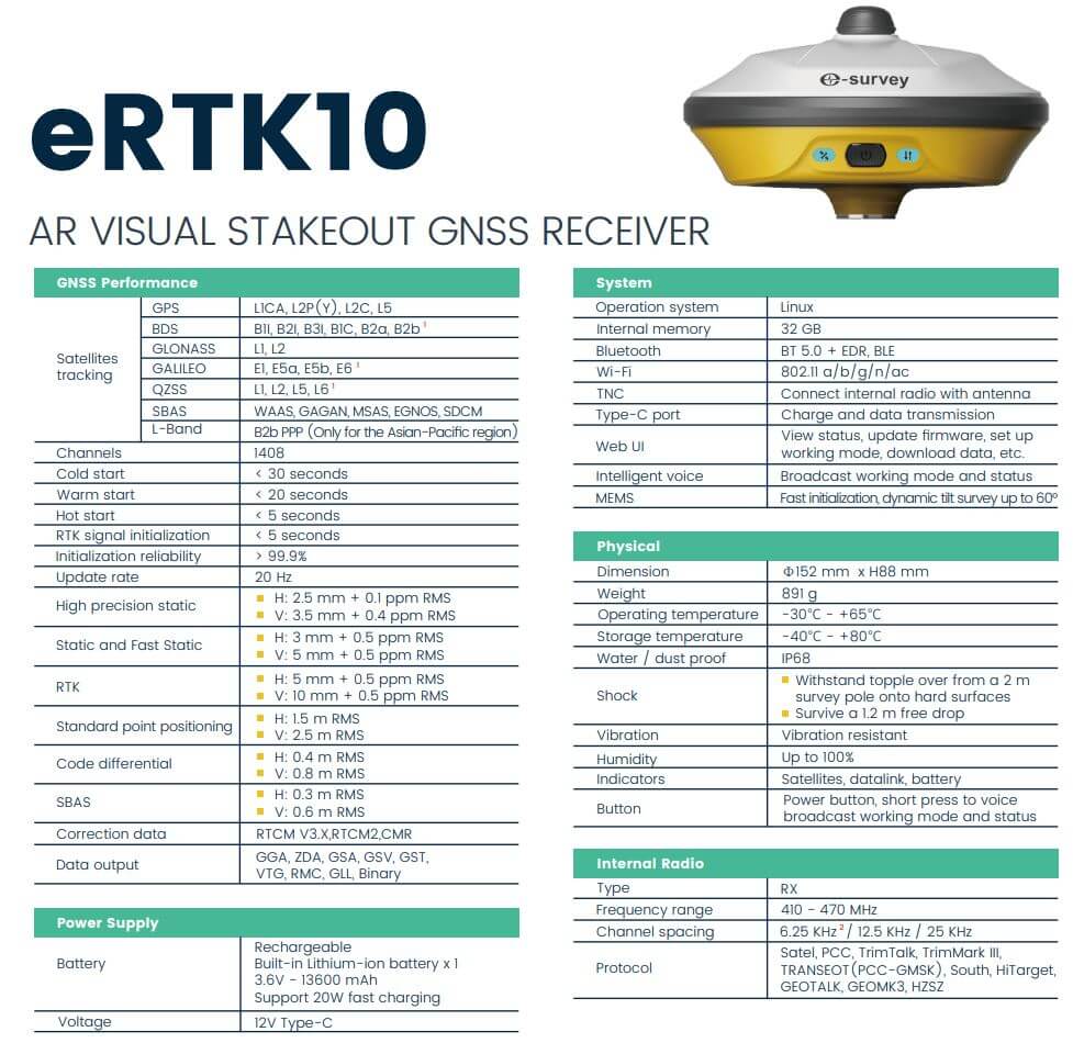 Thông số kỹ thuật Máy GPS RTK eSurvey eRTK10
